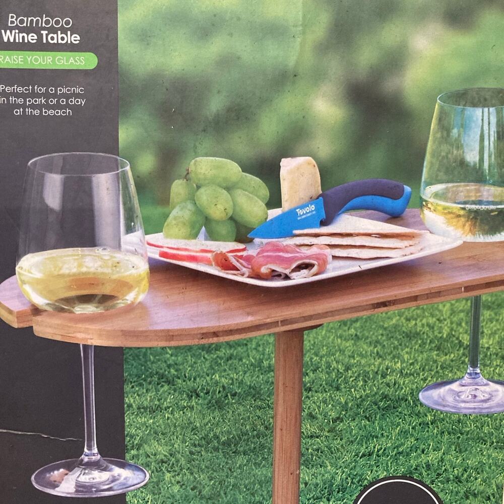 Tovolo Outdoor Wine Holder Bamboo Table, Holds 2 Glasses, Collapsible, Portable - Picture 2 of 4